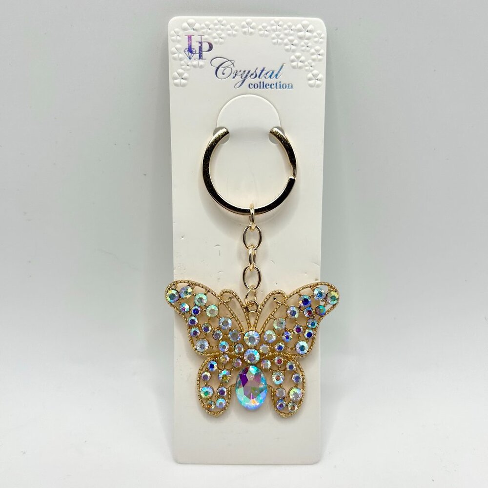 Iridescent Crystal Rhinestone Butterfly Keychain Charm | Gold
